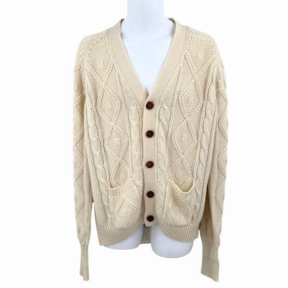 VINTAGE MEN'S GIMBELS IVORY CABLE KNIT GRANDPA CARDIGAN SWEATER W/ POCKETS! - Picture 1 of 7